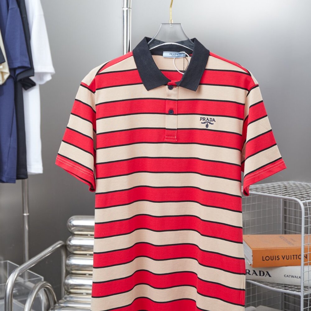 Balenciaga striped embroidered lapel short-sleeved men's round neck T-shirt